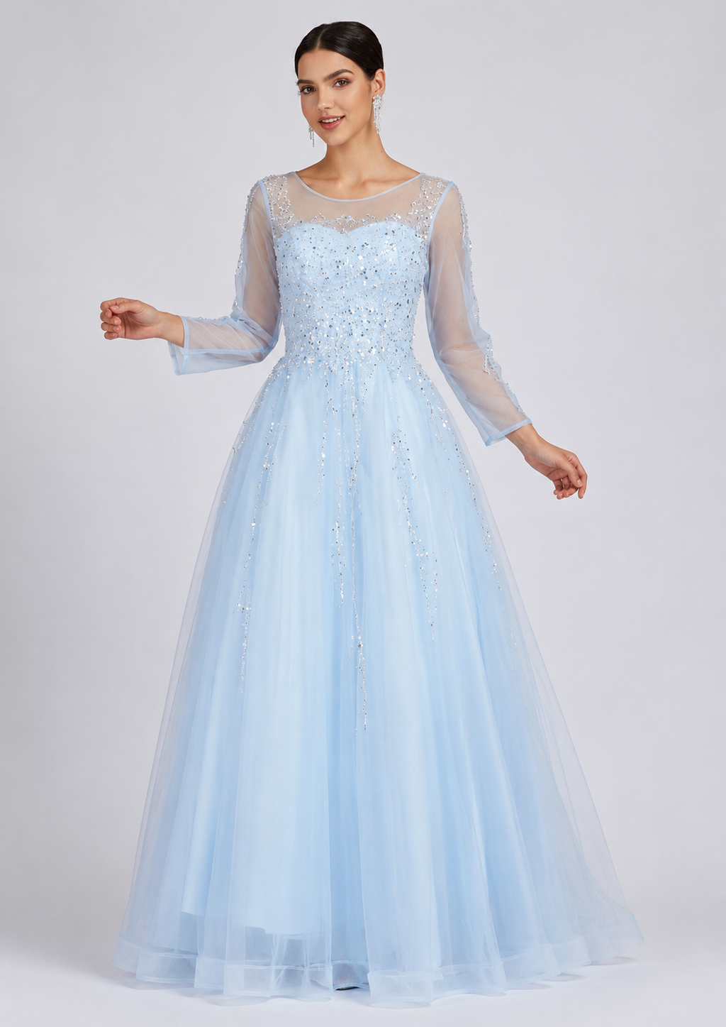 Women's Blue Lace Sleeve Sequin Floor Length Wedding Evening Dress – Elegant Crew Neck Formal Gown