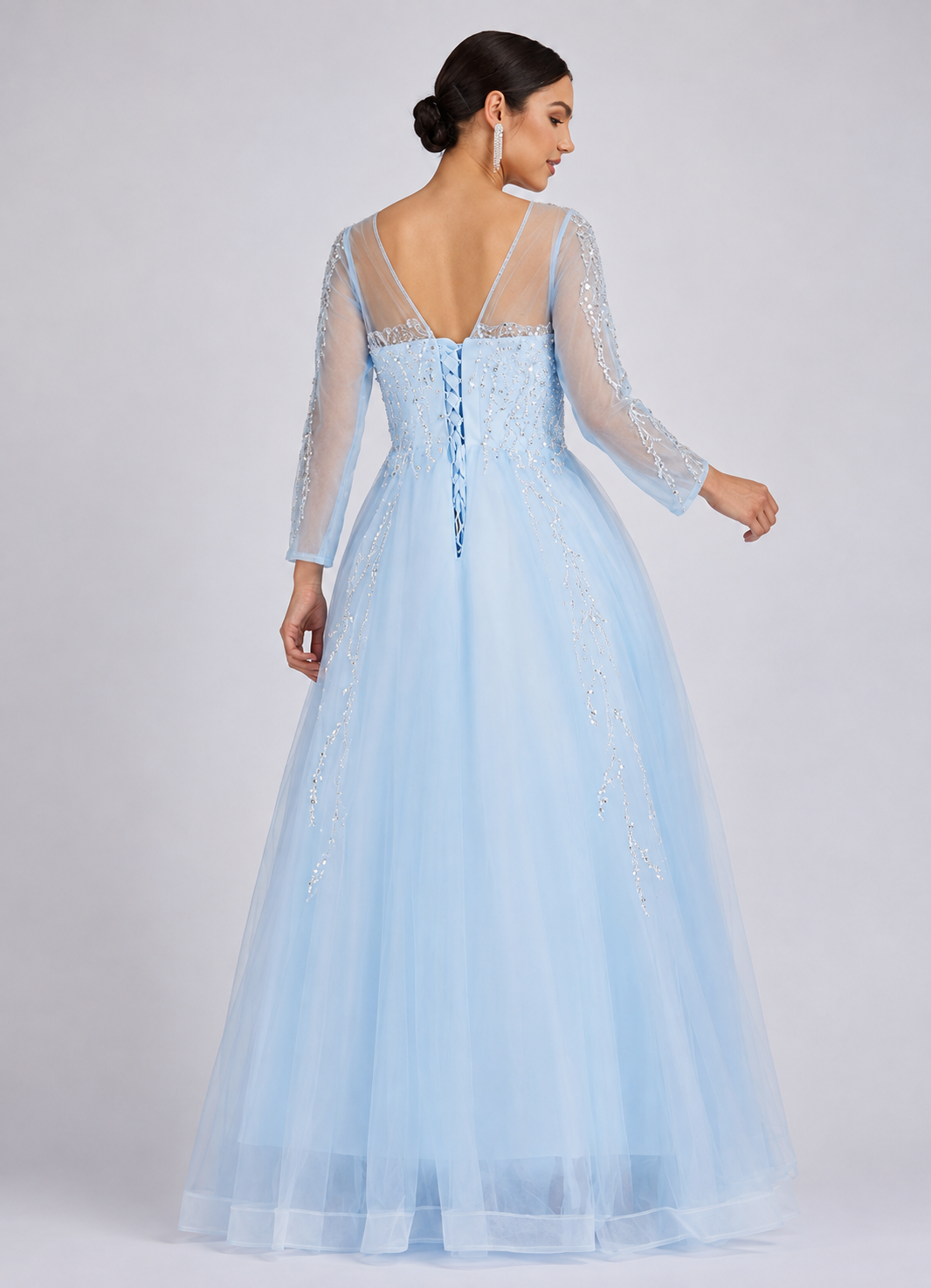 Women's Blue Lace Sleeve Sequin Floor Length Wedding Evening Dress – Elegant Crew Neck Formal Gown