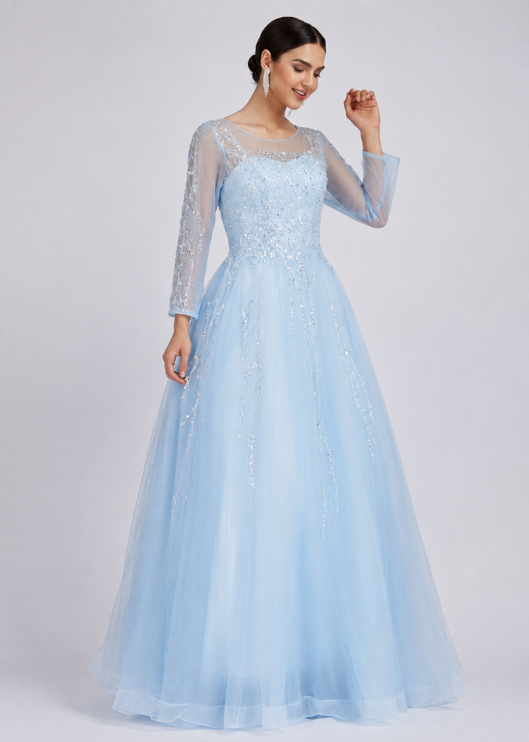 Women's Blue Lace Sleeve Sequin Floor Length Wedding Evening Dress – Elegant Crew Neck Formal Gown