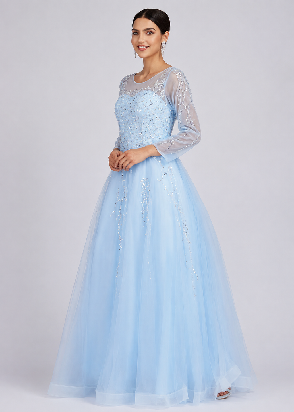 Women's Blue Lace Sleeve Sequin Floor Length Wedding Evening Dress – Elegant Crew Neck Formal Gown