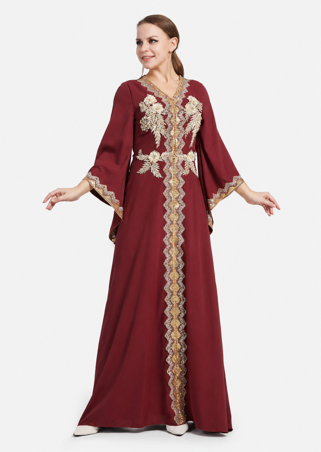 Women's Dark Red V Neck Bell Sleeve Sequin Pearl Rhinestone Embroidered Maxi Evening Wedding Dress