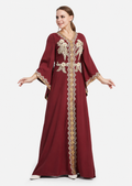 Women's Dark Red V Neck Bell Sleeve Sequin Pearl Rhinestone Embroidered Maxi Evening Wedding Dress