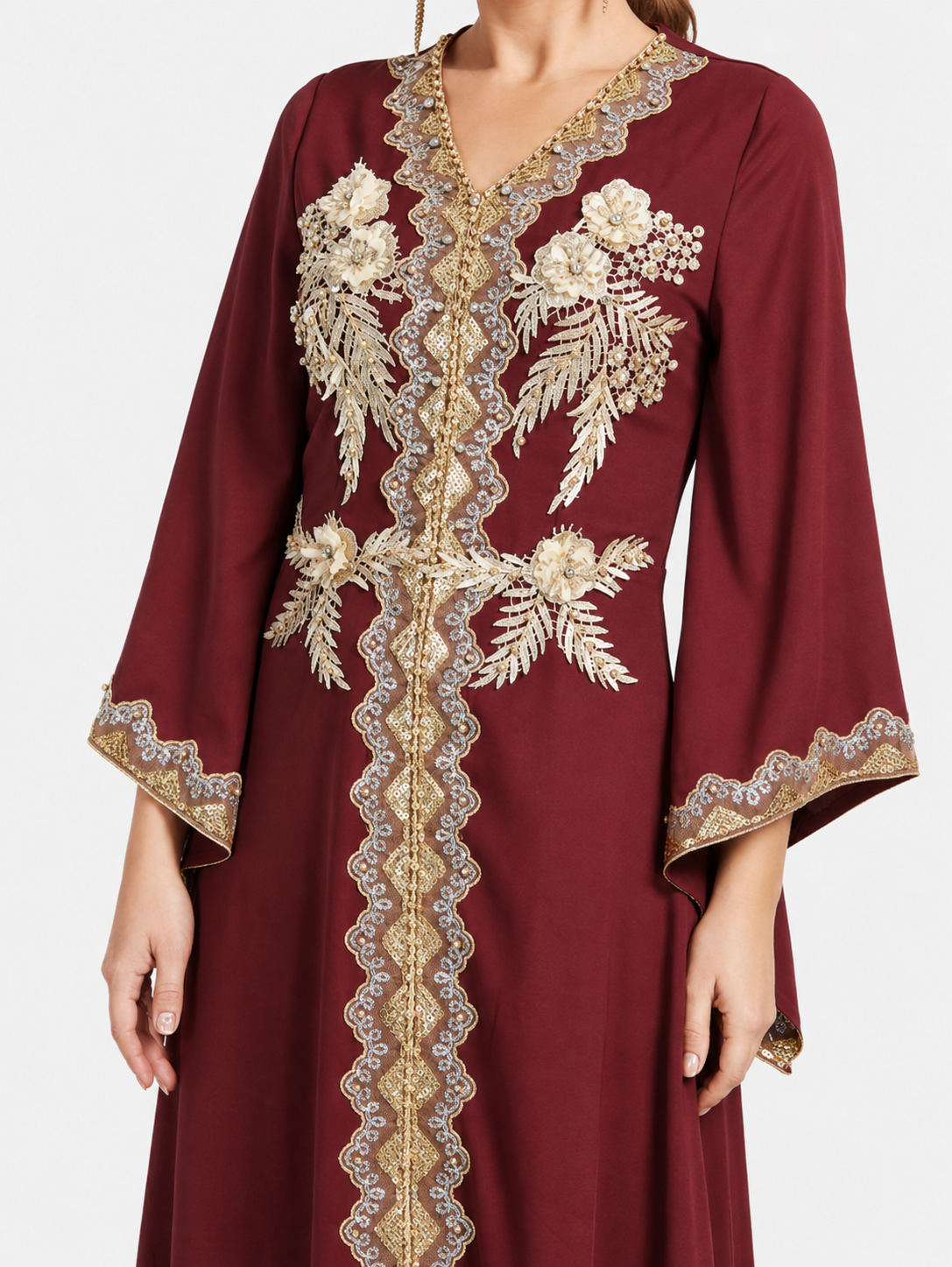 Women's Dark Red V Neck Bell Sleeve Sequin Pearl Rhinestone Embroidered Maxi Evening Wedding Dress
