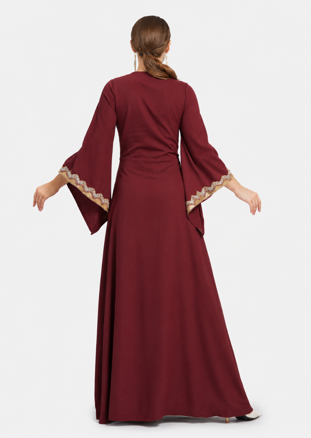 Women's Dark Red V Neck Bell Sleeve Sequin Pearl Rhinestone Embroidered Maxi Evening Wedding Dress