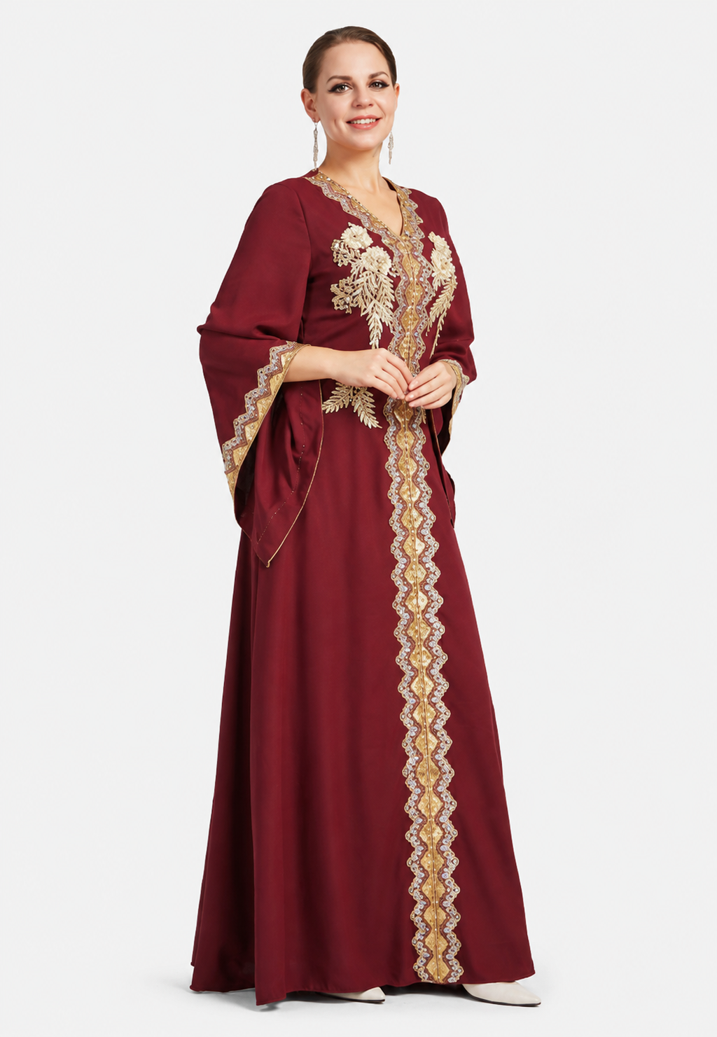 Women's Dark Red V Neck Bell Sleeve Sequin Pearl Rhinestone Embroidered Maxi Evening Wedding Dress