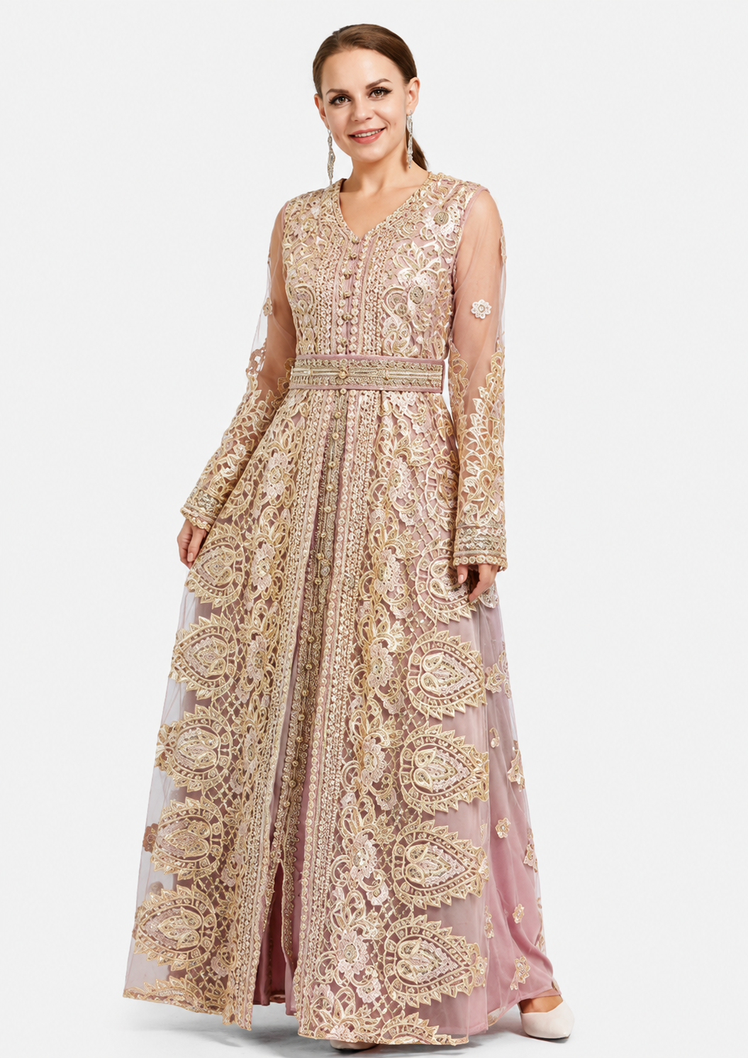 Women's Pale Chestnut Embroidered V Neck Mesh Long Sleeve Maxi Wedding Evening Dress with Belt