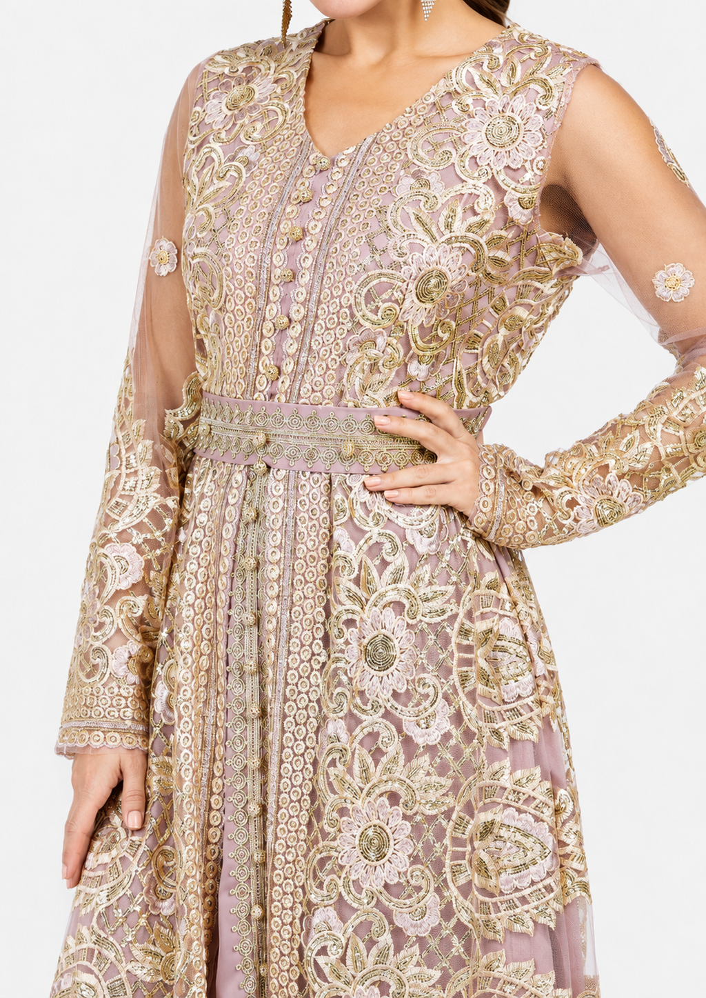 Women's Pale Chestnut Embroidered V Neck Mesh Long Sleeve Maxi Wedding Evening Dress with Belt