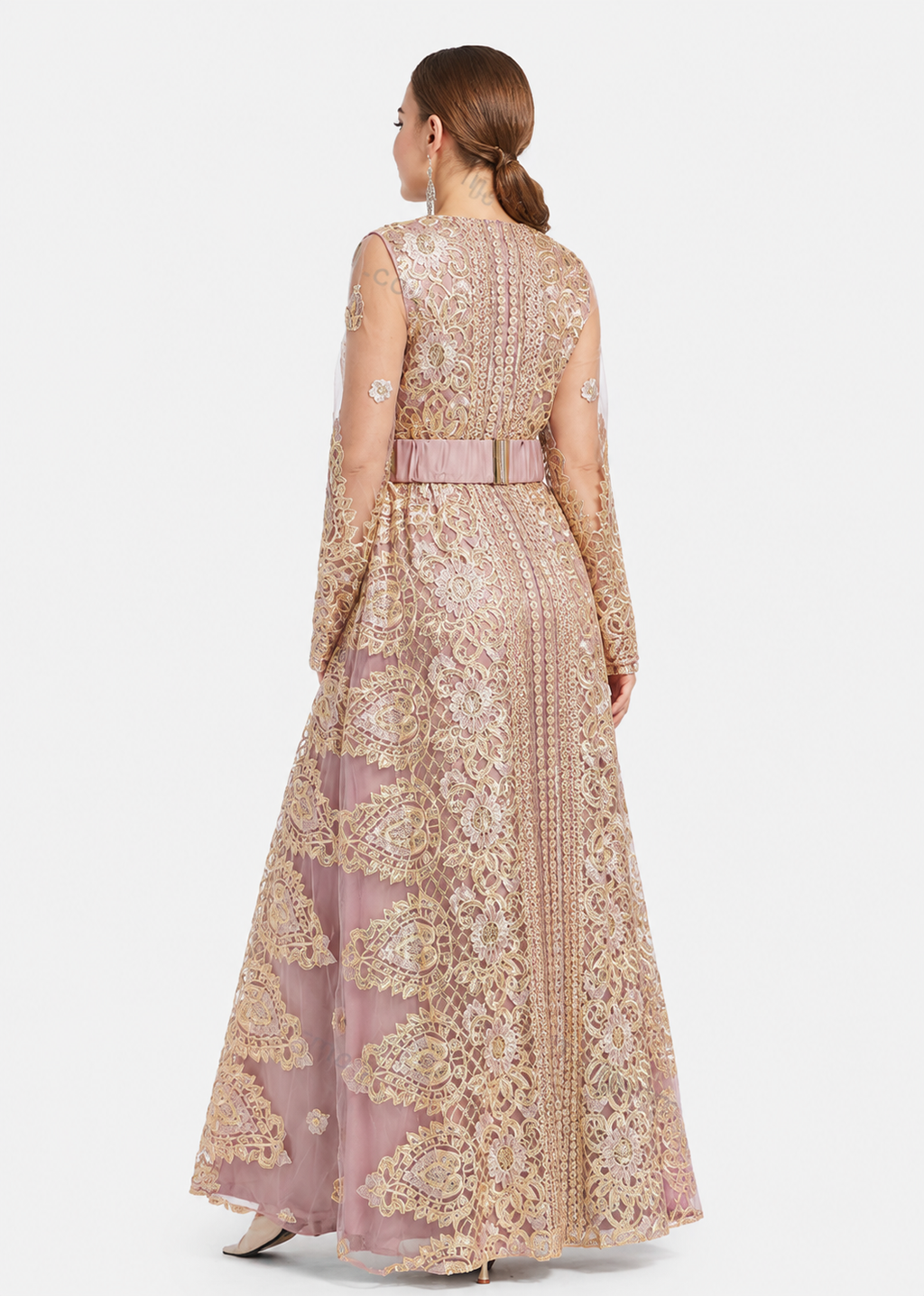 Women's Pale Chestnut Embroidered V Neck Mesh Long Sleeve Maxi Wedding Evening Dress with Belt