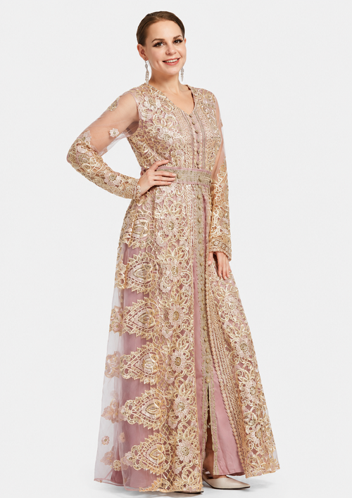 Women's Pale Chestnut Embroidered V Neck Mesh Long Sleeve Maxi Wedding Evening Dress with Belt