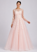 Women's Pink Embroidered Lace Sleeve Sequin Floor Length Wedding Evening Dress – Elegant Formal Gown