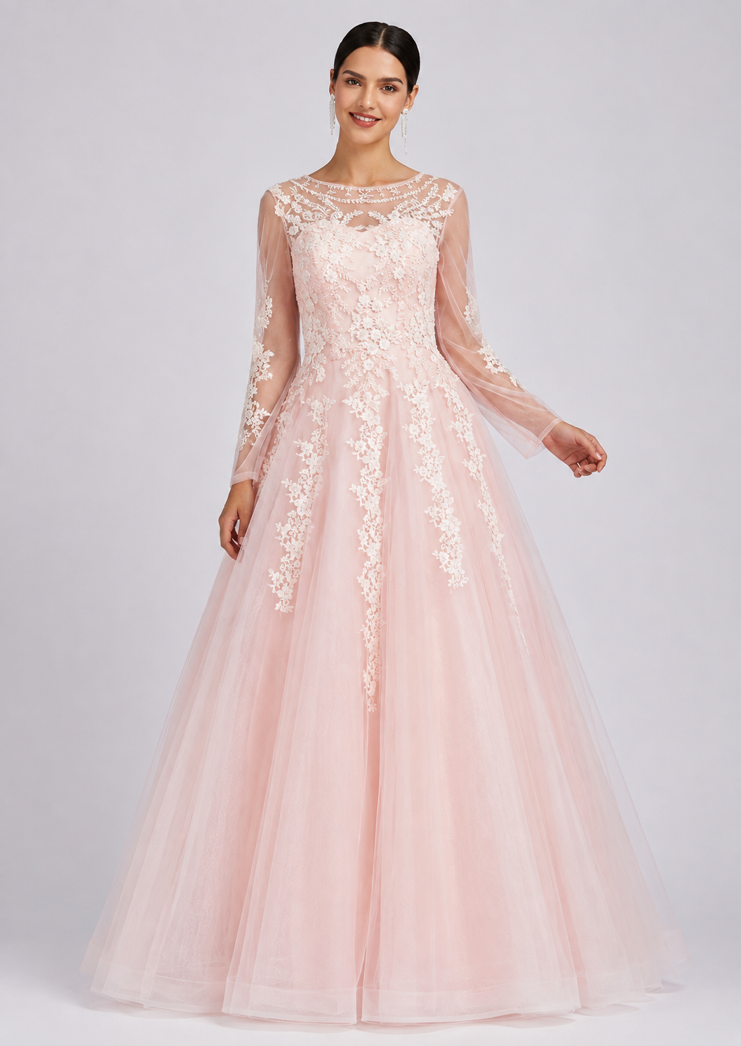 Women's Pink Embroidered Lace Sleeve Sequin Floor Length Wedding Evening Dress – Elegant Formal Gown