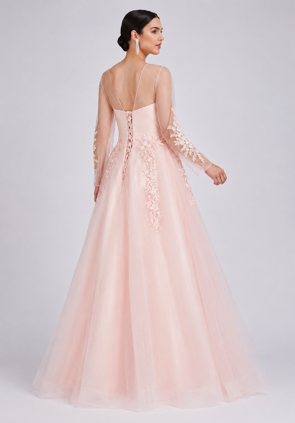 Women's Pink Embroidered Lace Sleeve Sequin Floor Length Wedding Evening Dress – Elegant Formal Gown