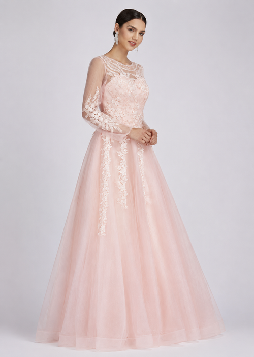 Women's Pink Embroidered Lace Sleeve Sequin Floor Length Wedding Evening Dress – Elegant Formal Gown