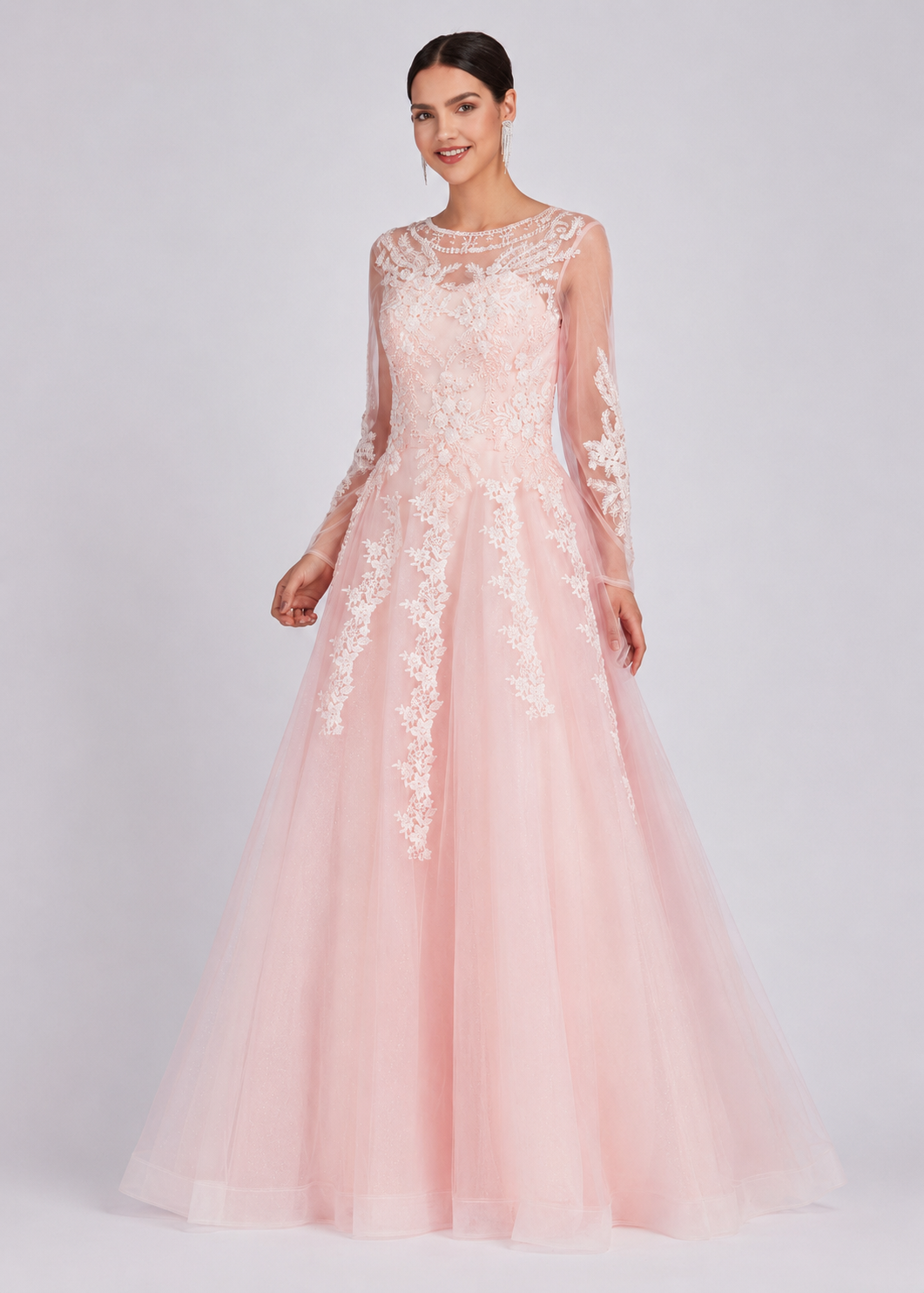 Women's Pink Embroidered Lace Sleeve Sequin Floor Length Wedding Evening Dress – Elegant Formal Gown