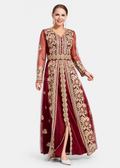 Women's Red V Neck Sequin Mesh Long Sleeve Maxi Evening Wedding Dress with Belt & Slit