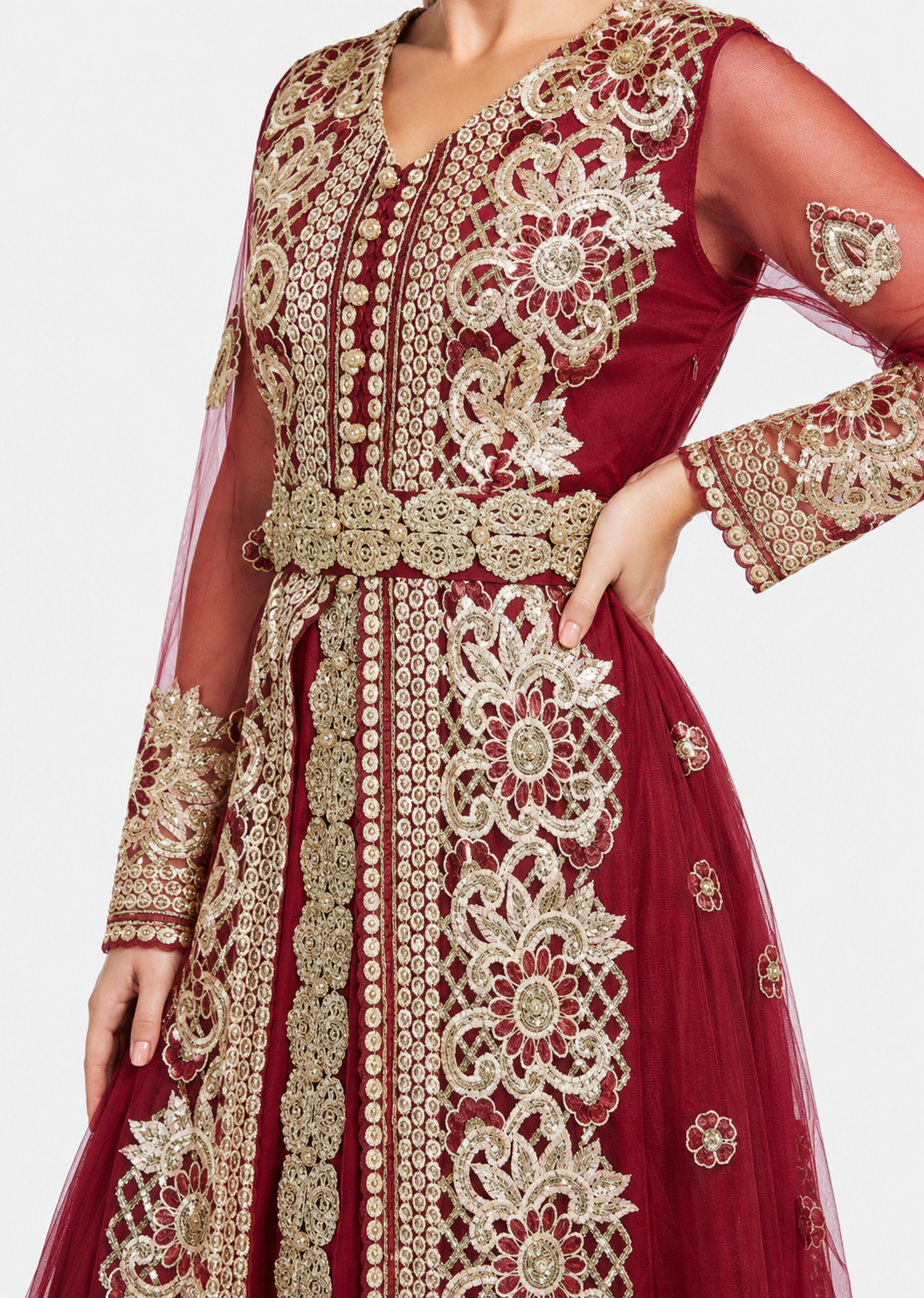 Women's Red V Neck Sequin Mesh Long Sleeve Maxi Evening Wedding Dress with Belt & Slit