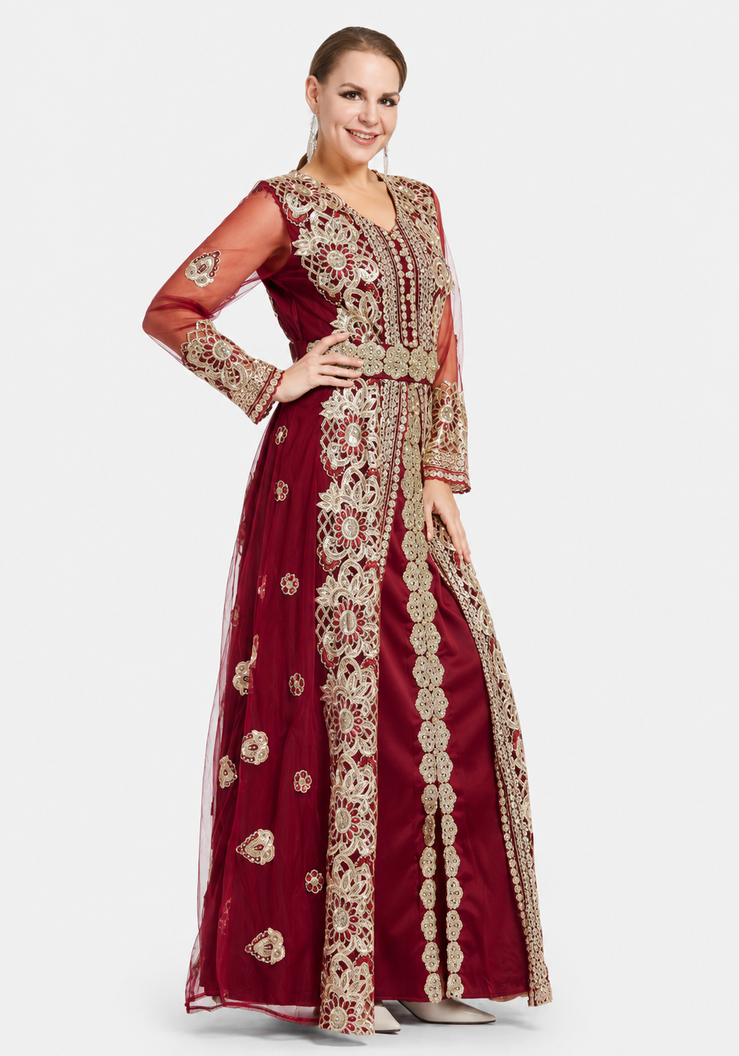 Women's Red V Neck Sequin Mesh Long Sleeve Maxi Evening Wedding Dress with Belt & Slit
